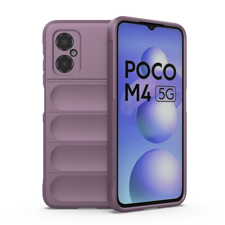 Purple phone case with textured panels, camera cutouts, and raised edges