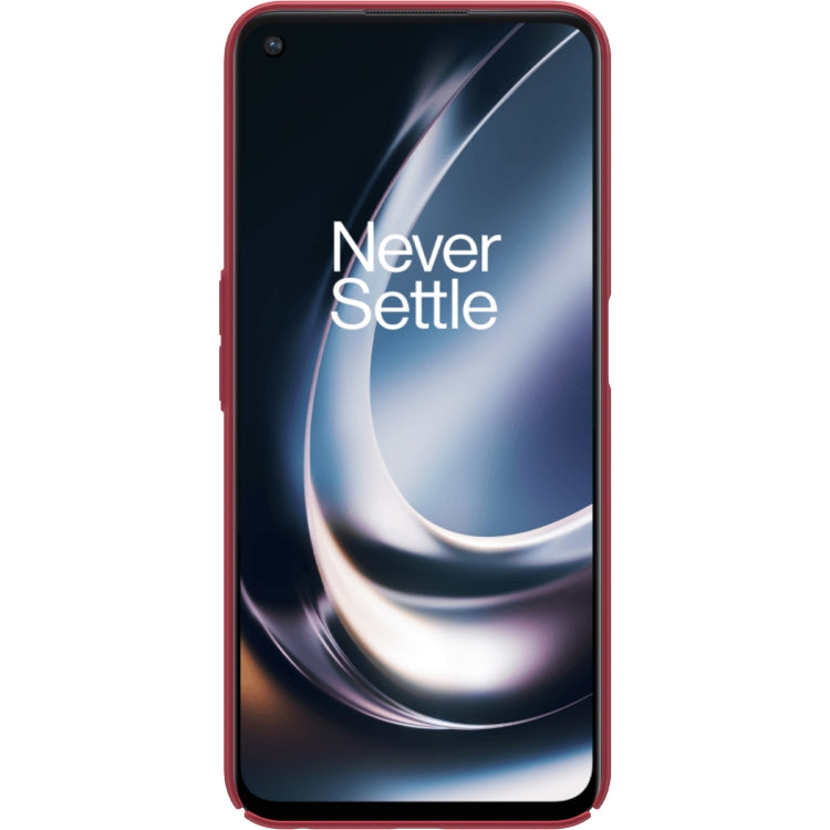 Red phone case with frosted finish and camera cutout, worn on smartphone