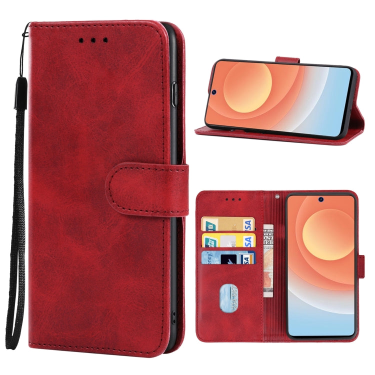 Red leather wallet phone case with flip cover and card slot, plus wrist strap