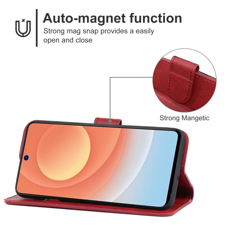 Red leather wallet phone case with front cover open and auto-magnet closure area