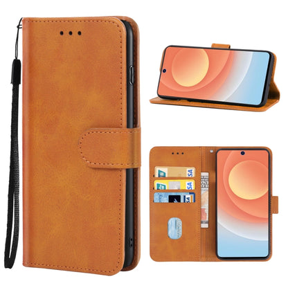 Brown leather wallet phone case with flip cover, card slot, and wrist strap