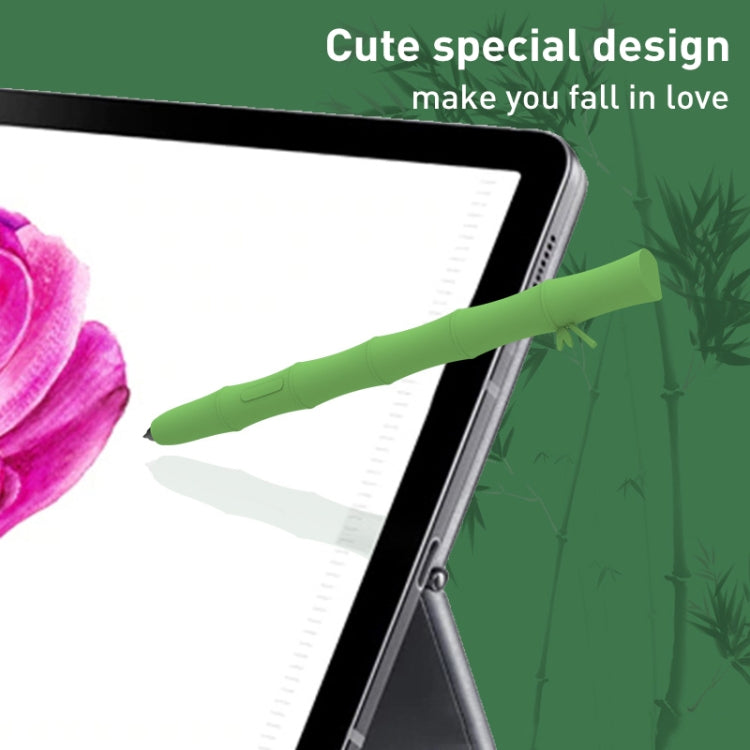 Light green silicone gel stylus case on stylus near tablet edge