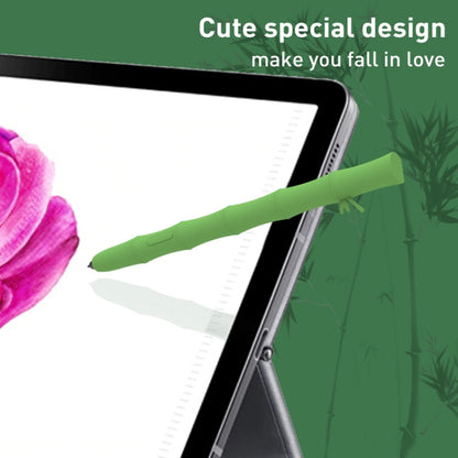 Light green silicone gel stylus case on stylus near tablet edge