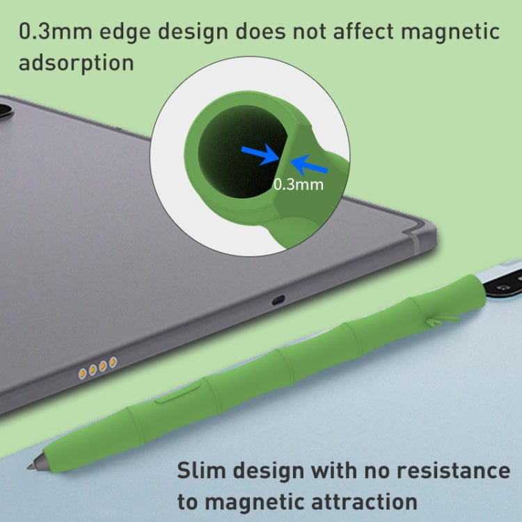 Green silicone gel stylus case on tablet, slim profile with tip detail
