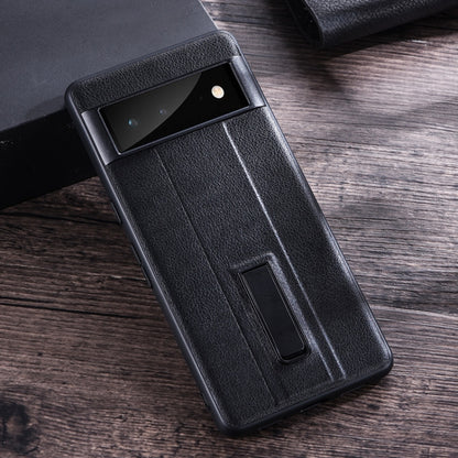 Black leather-texture protective phone case with metal holder and camera cutout