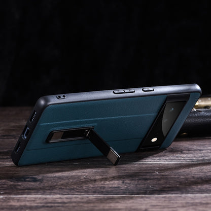 Blue leather-texture protective phone case with metal holder stand detail and port cutouts