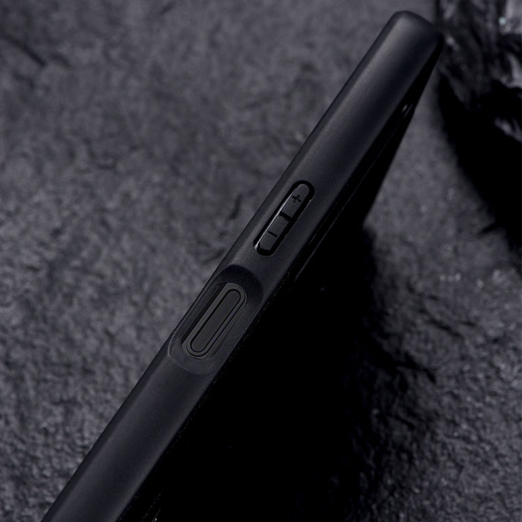 Black protective phone case side with button and port openings, shown at an angle.