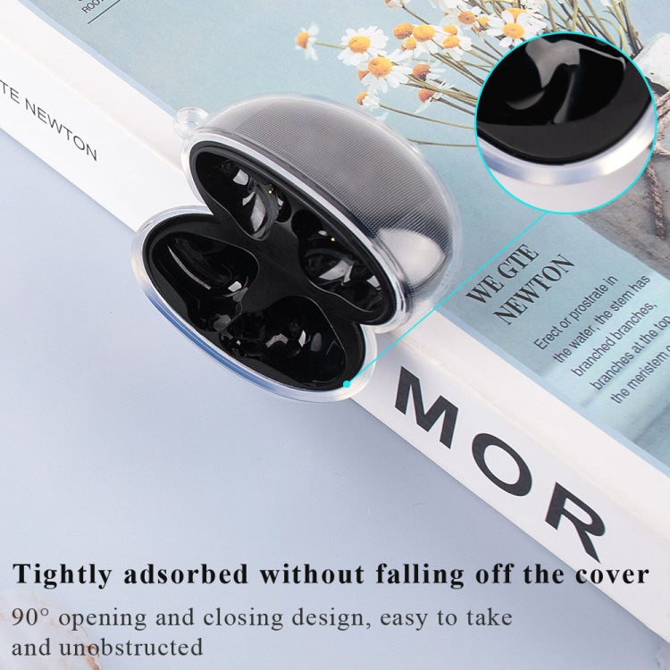 Transparent TPU earbud case cover with earbuds, snap-secure opening, keychain hole