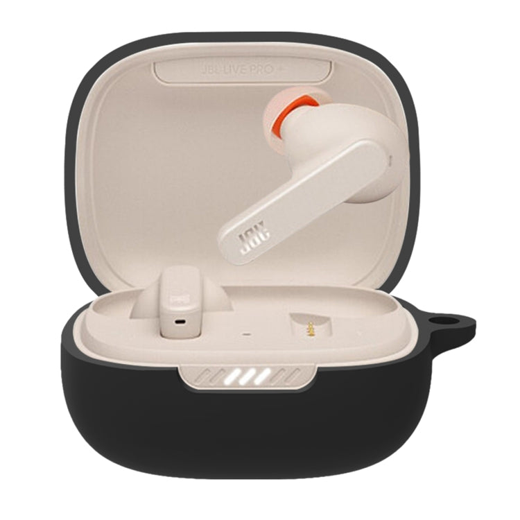 Black silicone earbud protective case for JBL Live Pro+, open with earbuds inside
