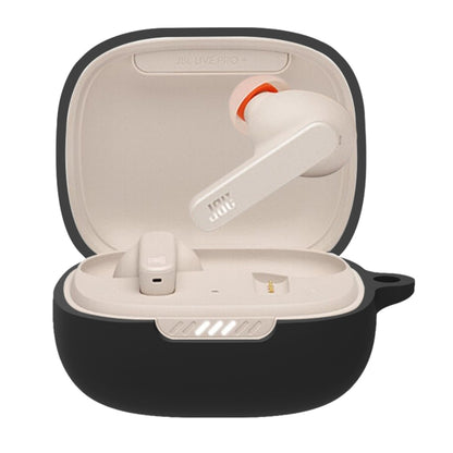 Black silicone earbud protective case for JBL Live Pro+, open with earbuds inside