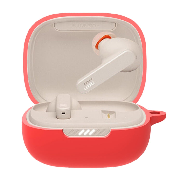 Red silicone earbud protective case for JBL Live Pro+, open with earbuds inside