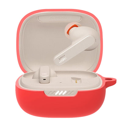 Red silicone earbud protective case for JBL Live Pro+, open with earbuds inside