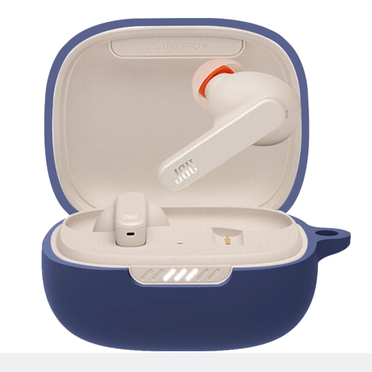 Dark blue silicone earbud protective case for JBL Live Pro+, open with earbuds inside