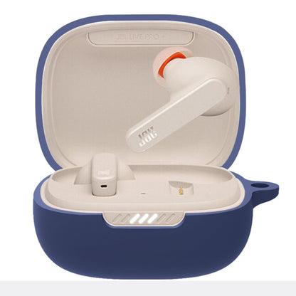Dark blue silicone earbud protective case for JBL Live Pro+, open with earbuds inside