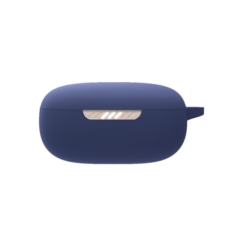Dark blue silicone earbud protective case for JBL Live Pro+, closed with side loop