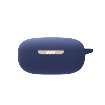 Dark blue silicone earbud protective case for JBL Live Pro+, closed with side loop