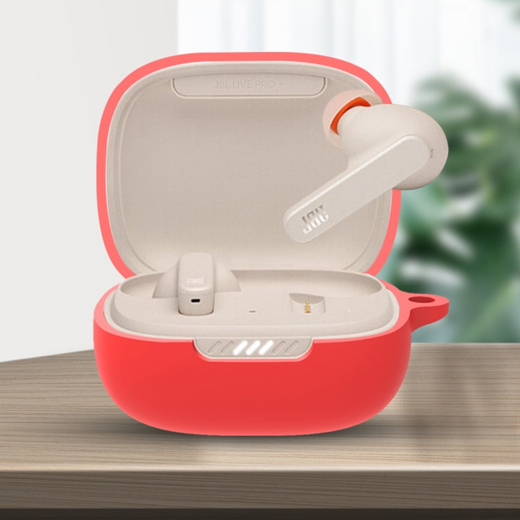 Red silicone earbud protective case for JBL Live Pro+, angled open with earbuds inside