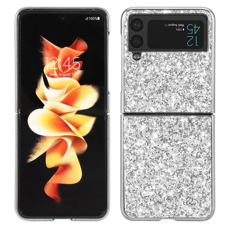 Glitter TPU phone case for Galaxy Z Flip4, silver sparkly back with black edges