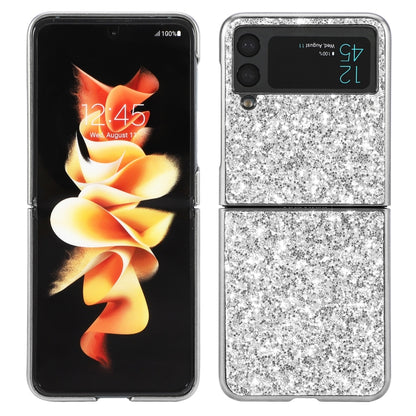 Glitter TPU phone case for Galaxy Z Flip4, silver sparkly back with black edges