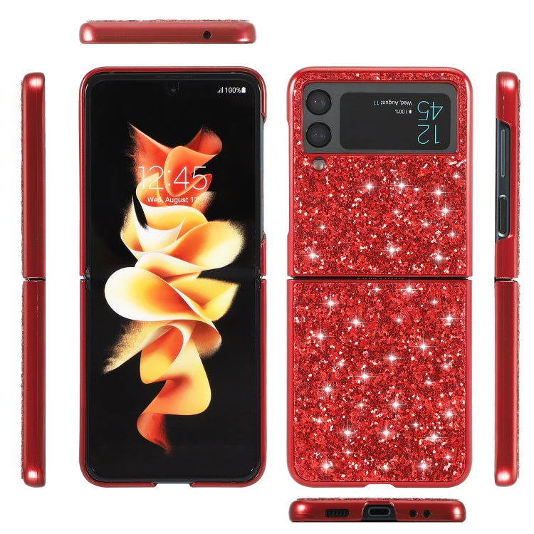 Red glitter TPU Galaxy Z Flip4 flip case with protective hinge and raised edges