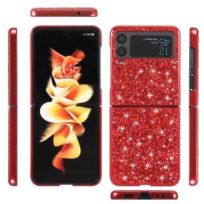 Red glitter TPU Galaxy Z Flip4 flip case with protective hinge and raised edges