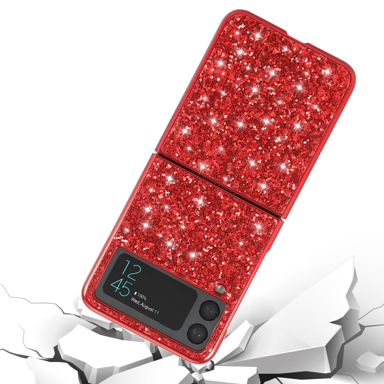 Red glitter TPU Galaxy Z Flip4 flip case, angled view with camera cutouts