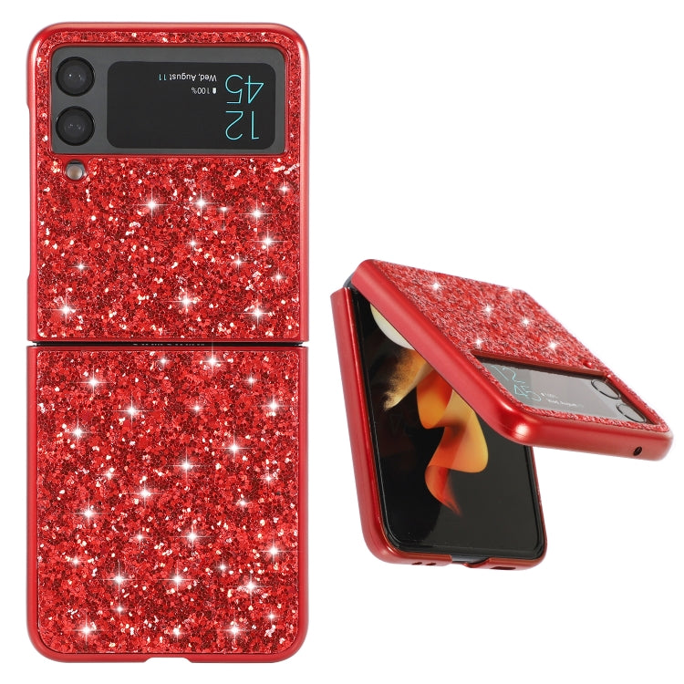 Red glitter TPU Galaxy Z Flip4 case shown open and closed, with hinge protection