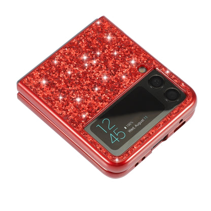 Red glitter TPU Galaxy Z Flip4 case with sparkling back panel and camera openings
