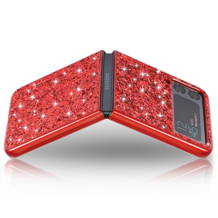 Red glitter TPU Galaxy Z Flip4 flip cover with hinge seam and reflective sparkle