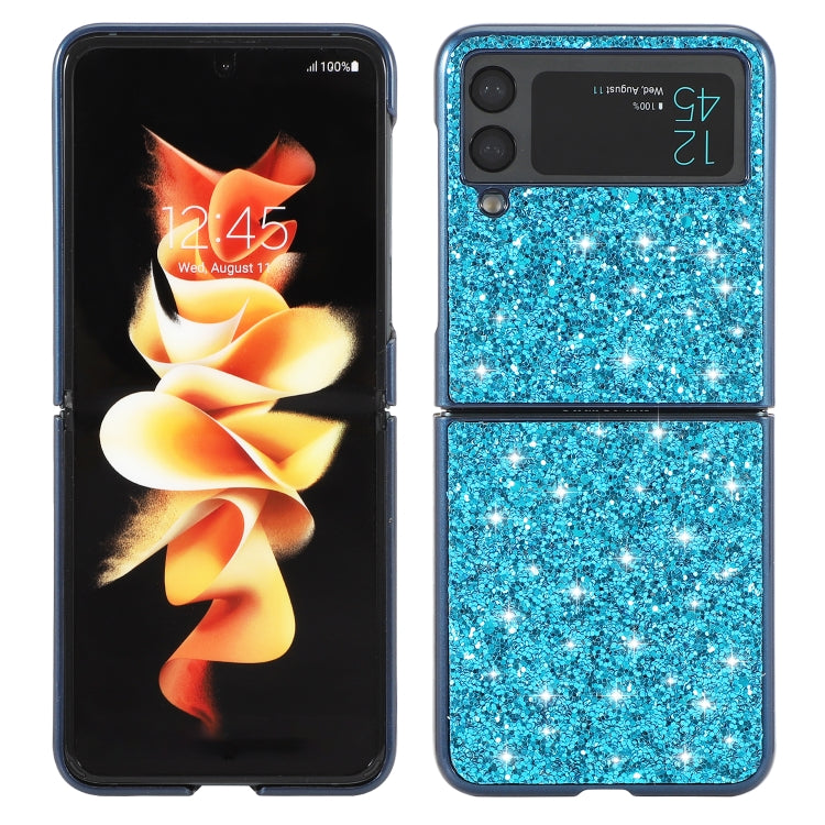 Blue glitter TPU Galaxy Z Flip4 case, sparkly back panel with hinge and camera holes