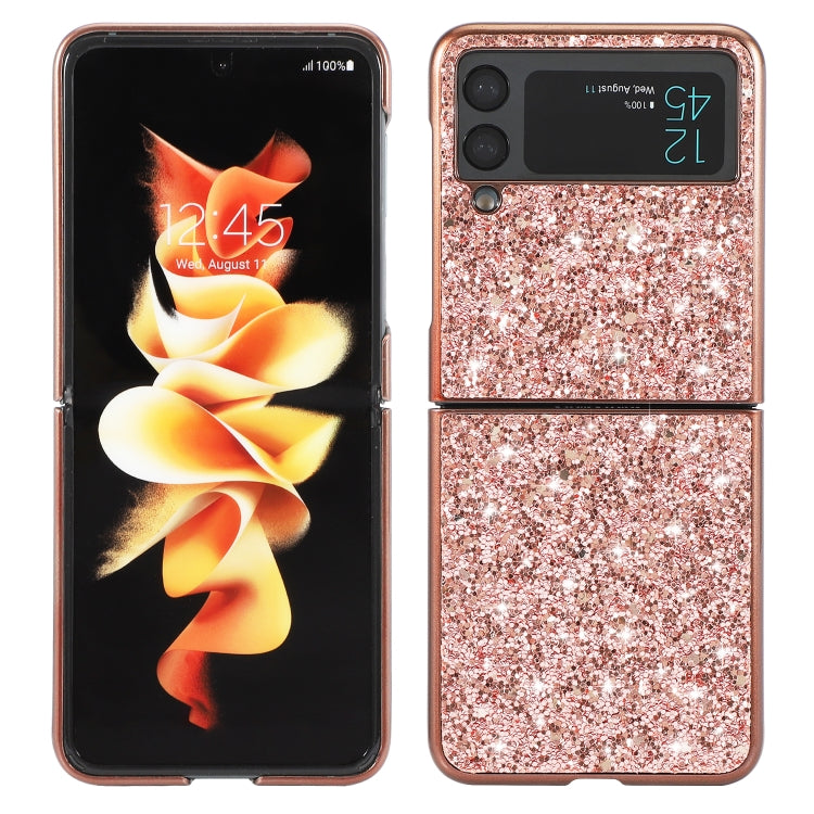 Rose gold glitter TPU Galaxy Z Flip4 case, sparkly two-piece cover with camera cutouts