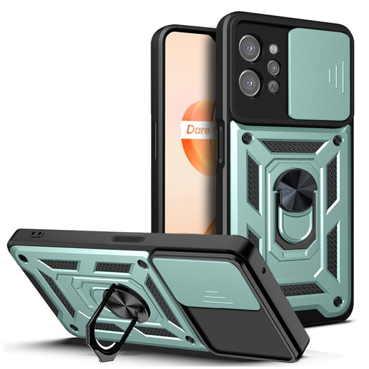 Green and black rugged phone case with sliding camera cover and ring stand