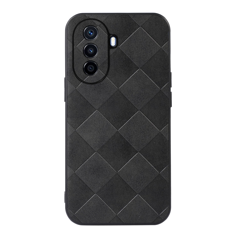 Black weave plaid PU phone case with diamond pattern and raised camera cutouts