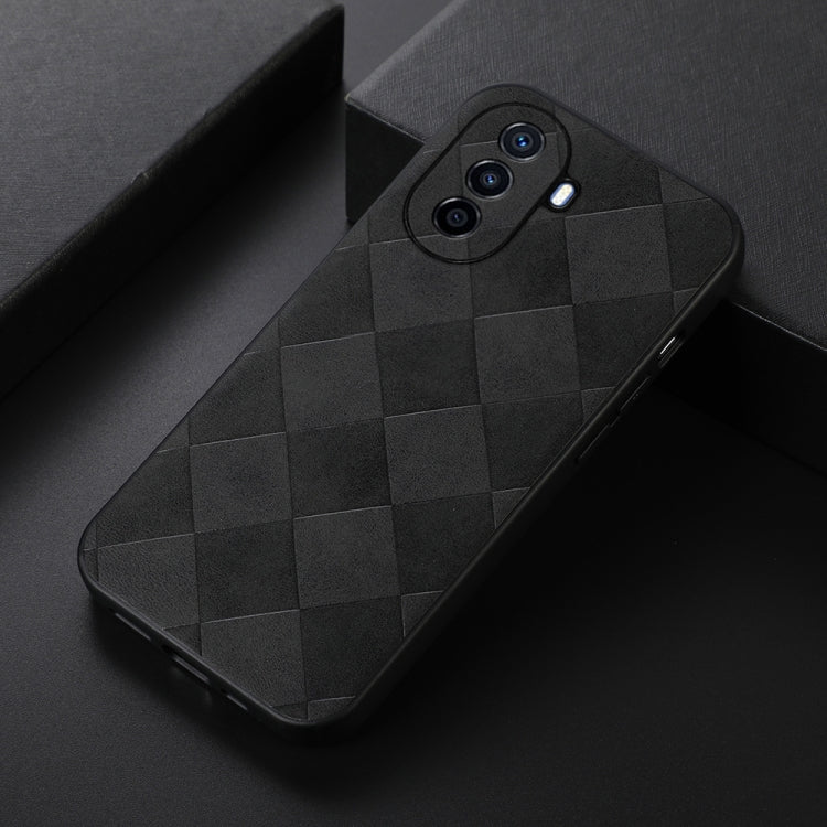Black PU phone case with woven diamond pattern, angled view, raised camera cutouts