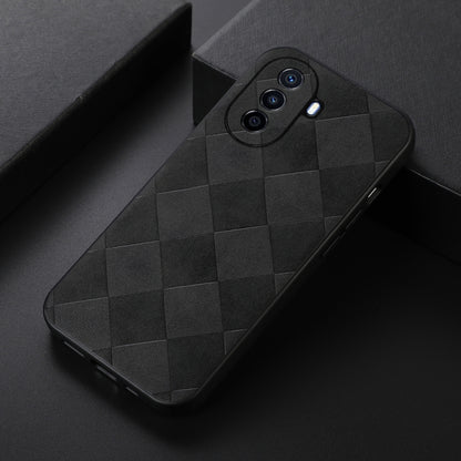 Black PU phone case with woven diamond pattern, angled view, raised camera cutouts