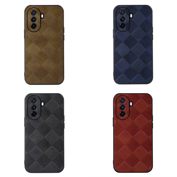 Set of patterned PU phone cases in tan, blue, black, and red with diamond weave