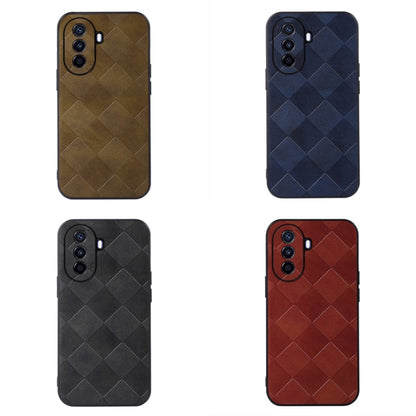 Set of patterned PU phone cases in tan, blue, black, and red with diamond weave