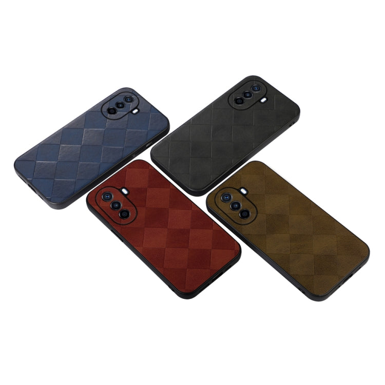 Four patterned PU phone cases in blue, black, red, and brown with diamond weave