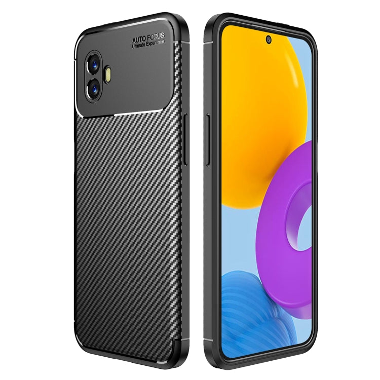 Black carbon-fiber texture shockproof TPU phone case with cutouts and camera openings