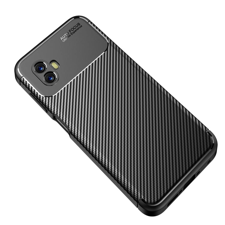Black and gray carbon-fiber texture phone case with precise cutouts and raised edges