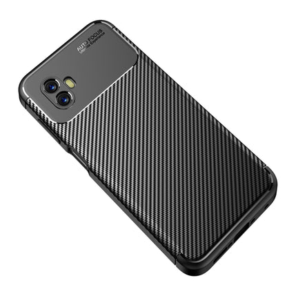 Black and gray carbon-fiber texture phone case with precise cutouts and raised edges