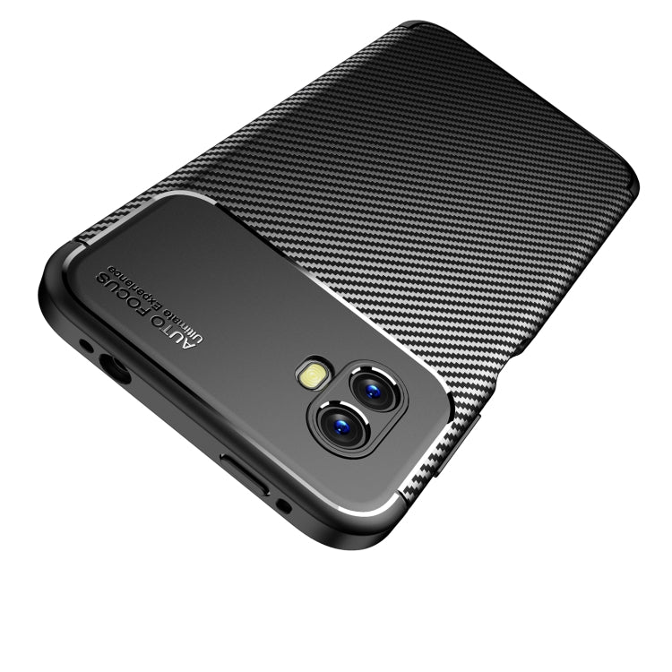 Black carbon-fiber texture TPU phone case showing dual camera cutouts