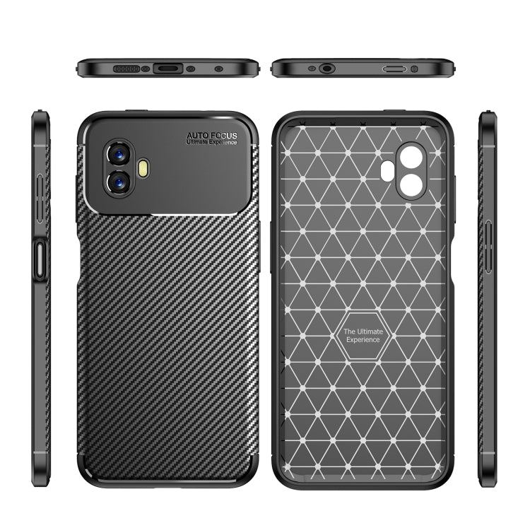 Phone case front and back views with carbon-fiber texture and geometric pattern back