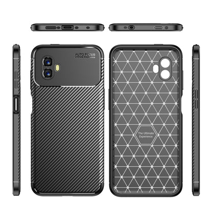 Phone case front and back views with carbon-fiber texture and geometric pattern back