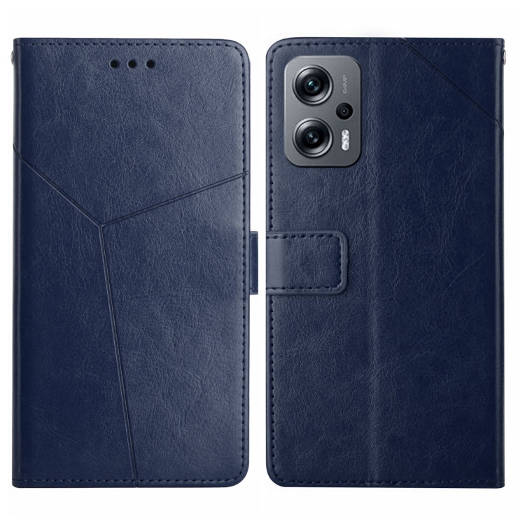 Blue leather flip phone case with Y-stitch design and rear camera cutout
