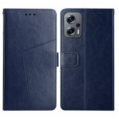 Blue leather flip phone case with Y-stitch design and rear camera cutout