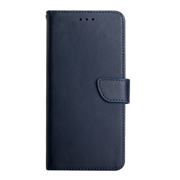 Dark blue leather flip phone case with front flap and stitched side tab