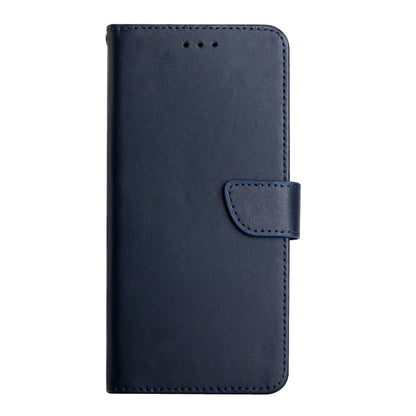 Dark blue leather flip phone case with front flap and stitched side tab