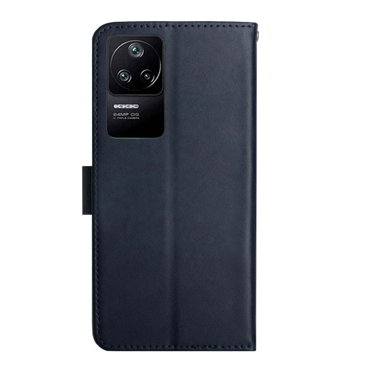 Dark blue leather flip phone case with camera cutout and stitched edges