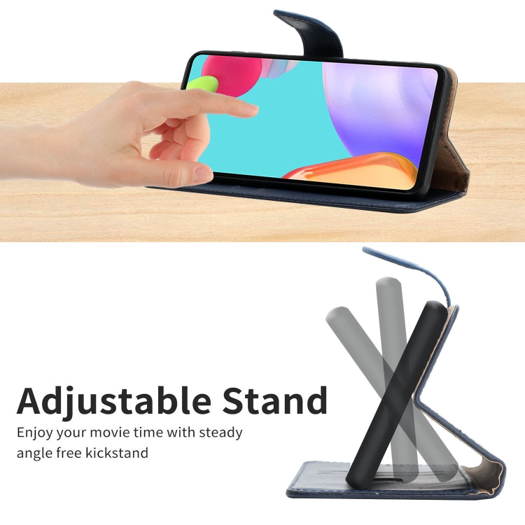 Dark blue leather flip phone case propped up as a viewing stand